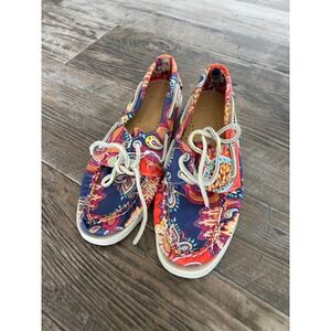 Sebago Docksides Persia Print Paisley Boat Shoes Womens 5M Navy Red B500160‎